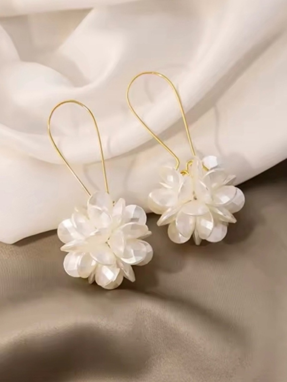 Delicate White Floral Drop Earrings with Gold Hoops - Picture 4 of 4